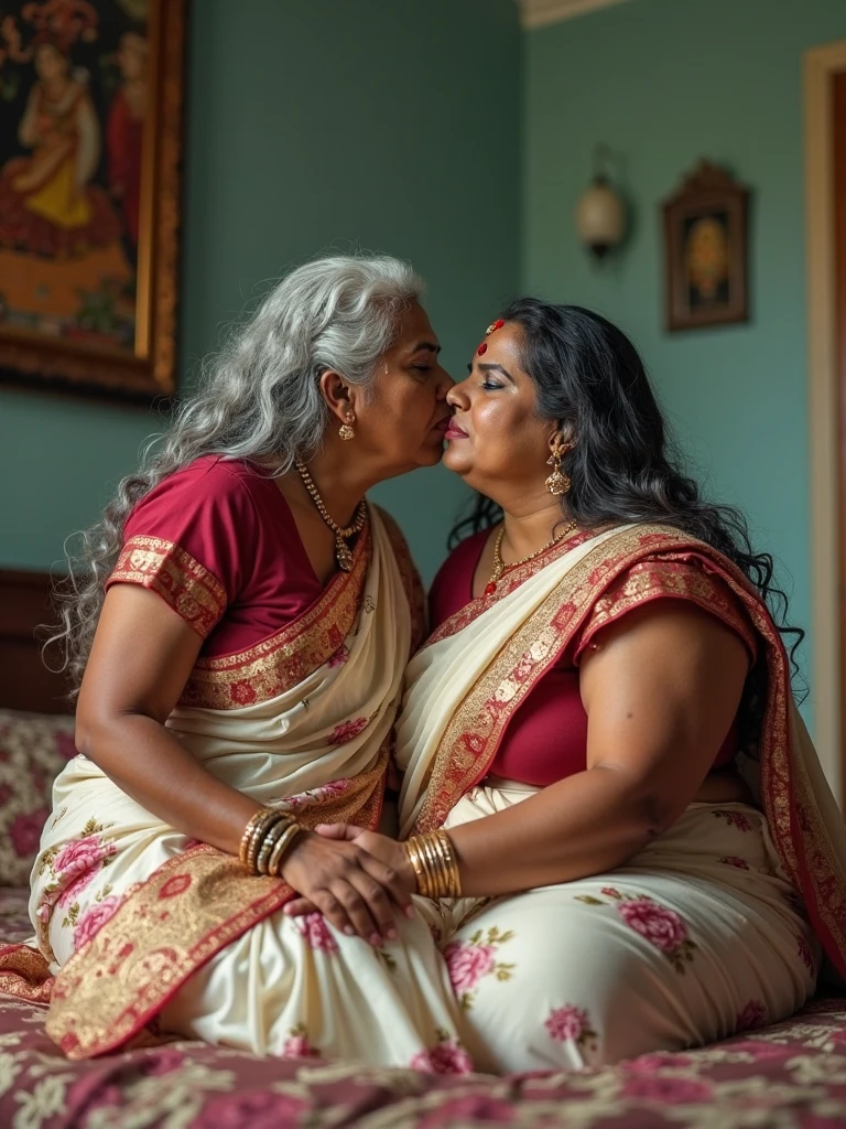 (Full body portrait:1.2), (lesbian indian auntys wearing saree kissing the otherand pressing , fifty years old,nfsw full body 