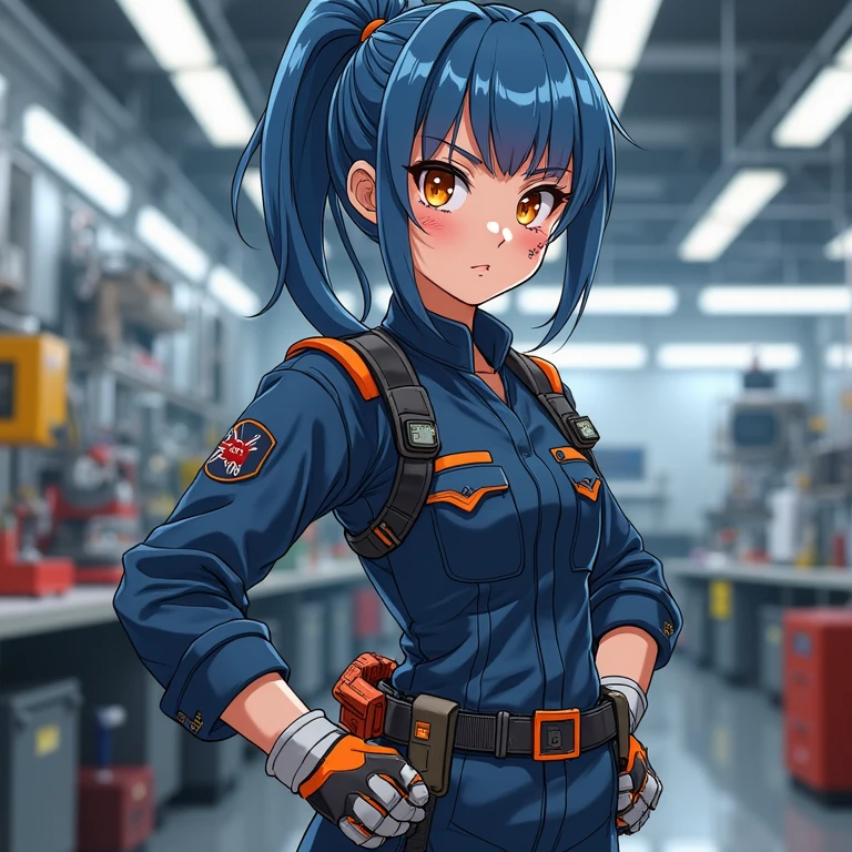 1girl, blue hair, long hair, hair in buns, brown overalls, messy hair, brown eyes, goggles, brown gloves, confident, energetic, engineer, cute, smile