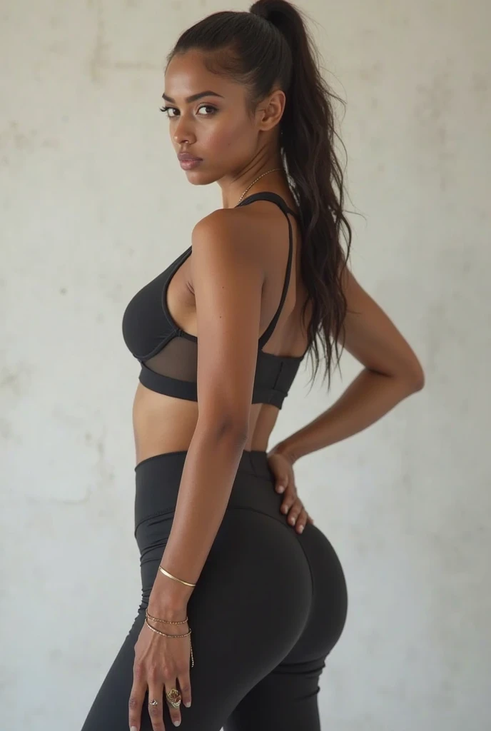a slim and athletic black female athlete, toned skin, she is turning around, she is wearing athletic shorts