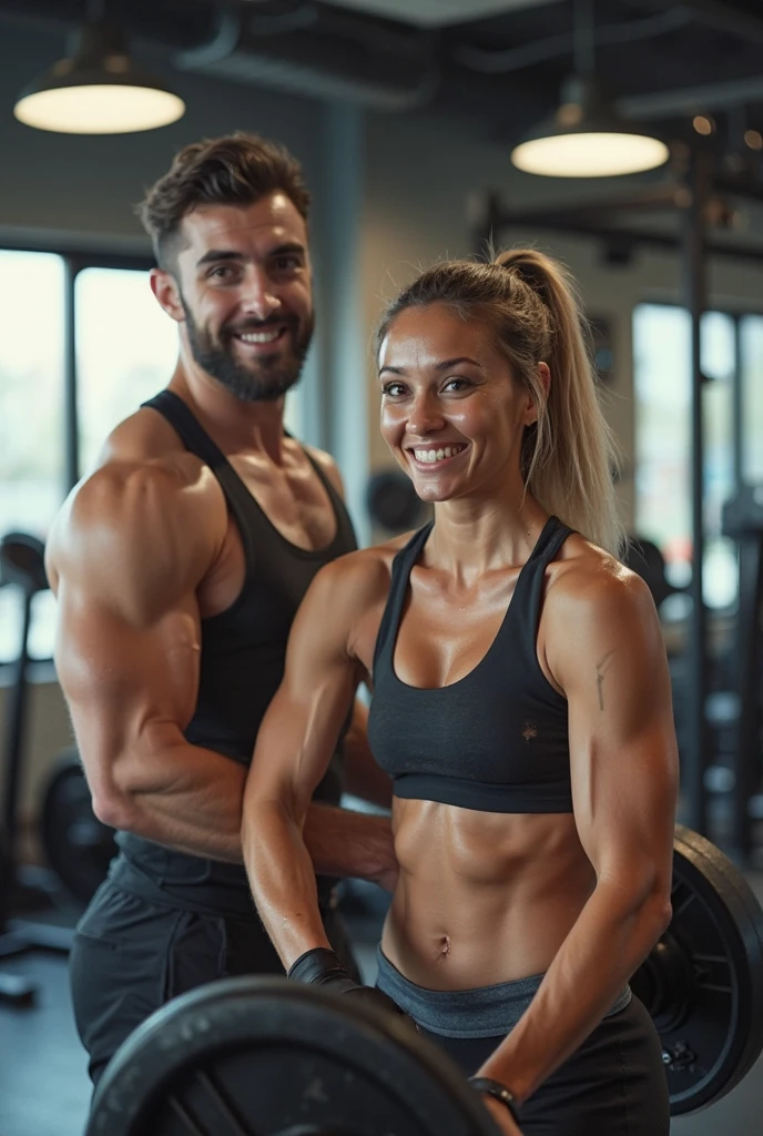 a smiling and beautiful indian indian actress in gym outfit carrying a large chubby man on her shoulders in a gym, man is sitting on top of her shoulders , man on top, woman at bottom 