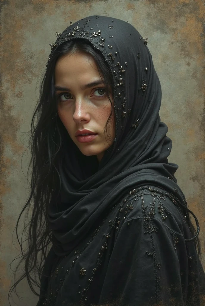 Woman wearing leather hijab but navel piercing Open 