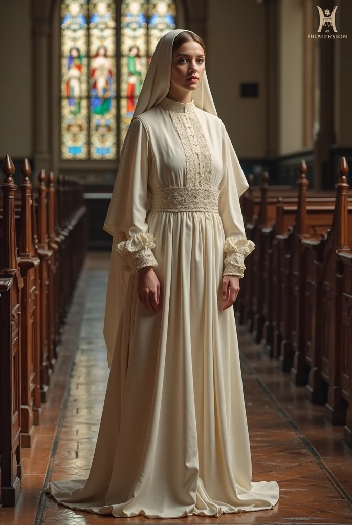 A nun walks in a Catholic church in Rome.  The nun is 175cm tall, has blonde hair, is 25 years old, and wears a nun's dress.