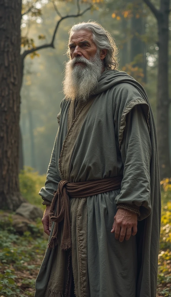 An image of a bearded man Matthew the disciple of God in an ancient era behind a waterfall and dressed in a tunic and sandals from the ancient era 