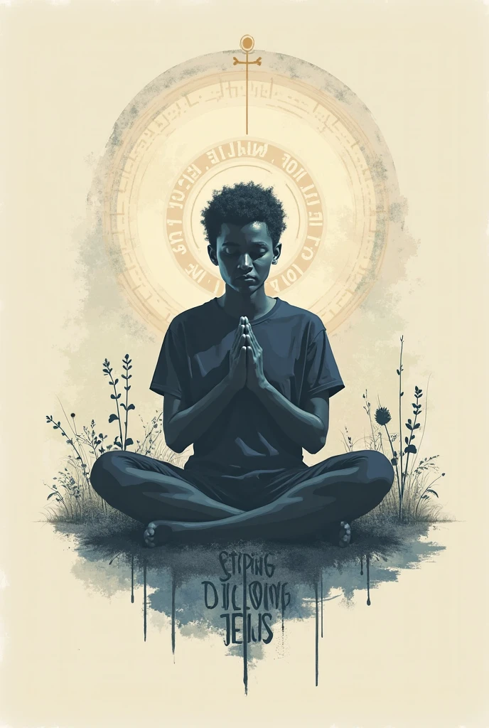 An art for tattooing, in black and white, with a man meditating, in the background a galaxy with elements and runes creating a circle around it