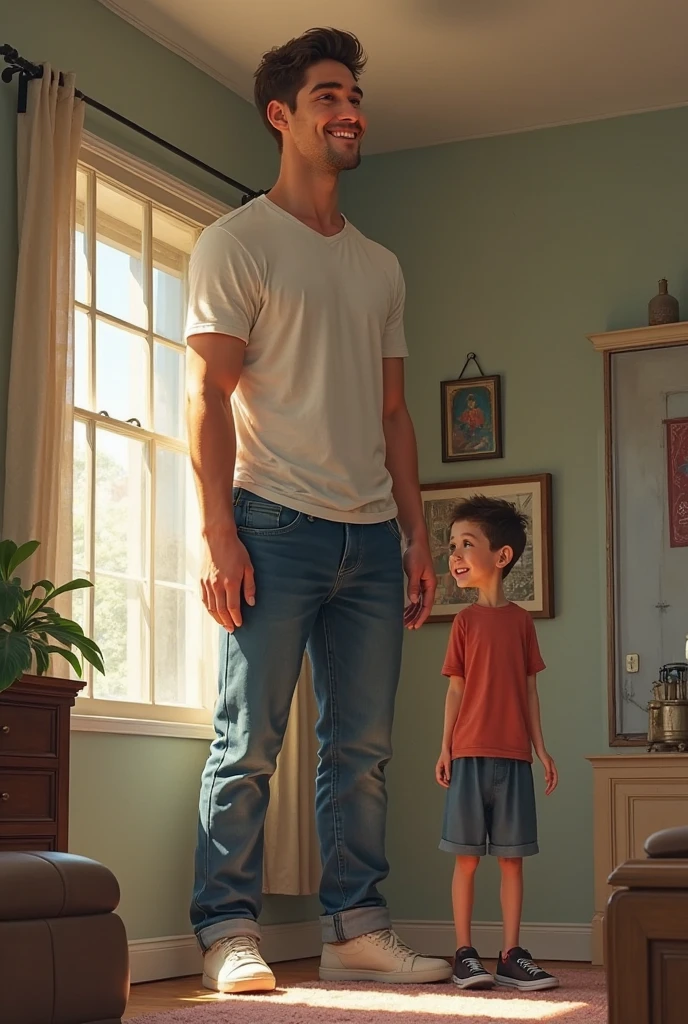 5-year-old boy sees in a very large mirror his reflection of the future, large and muscular and full of scars