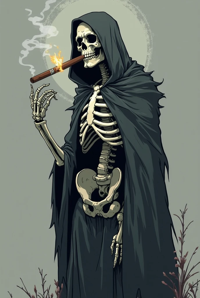 A whimsical and charming Chibi Stoner Reaper illustration showcases a playful skeletal figure with large eyes, wearing a stylish hat and lounging on a cozy couch. This endearing Reaper character is puffing on a joint, surrounded by a cloud of smoke, exuding a laid-back vibe. The typography features bold, eye-catching letters with a unique and edgy design, presenting the thought-provoking caption, "WHO WANTS TO LIVE FOREVER?" The overall mood of this piece is lighthearted, humorous, and slightly surreal, offering a fresh take on dark fantasy., typography, illustration, dark fantasy