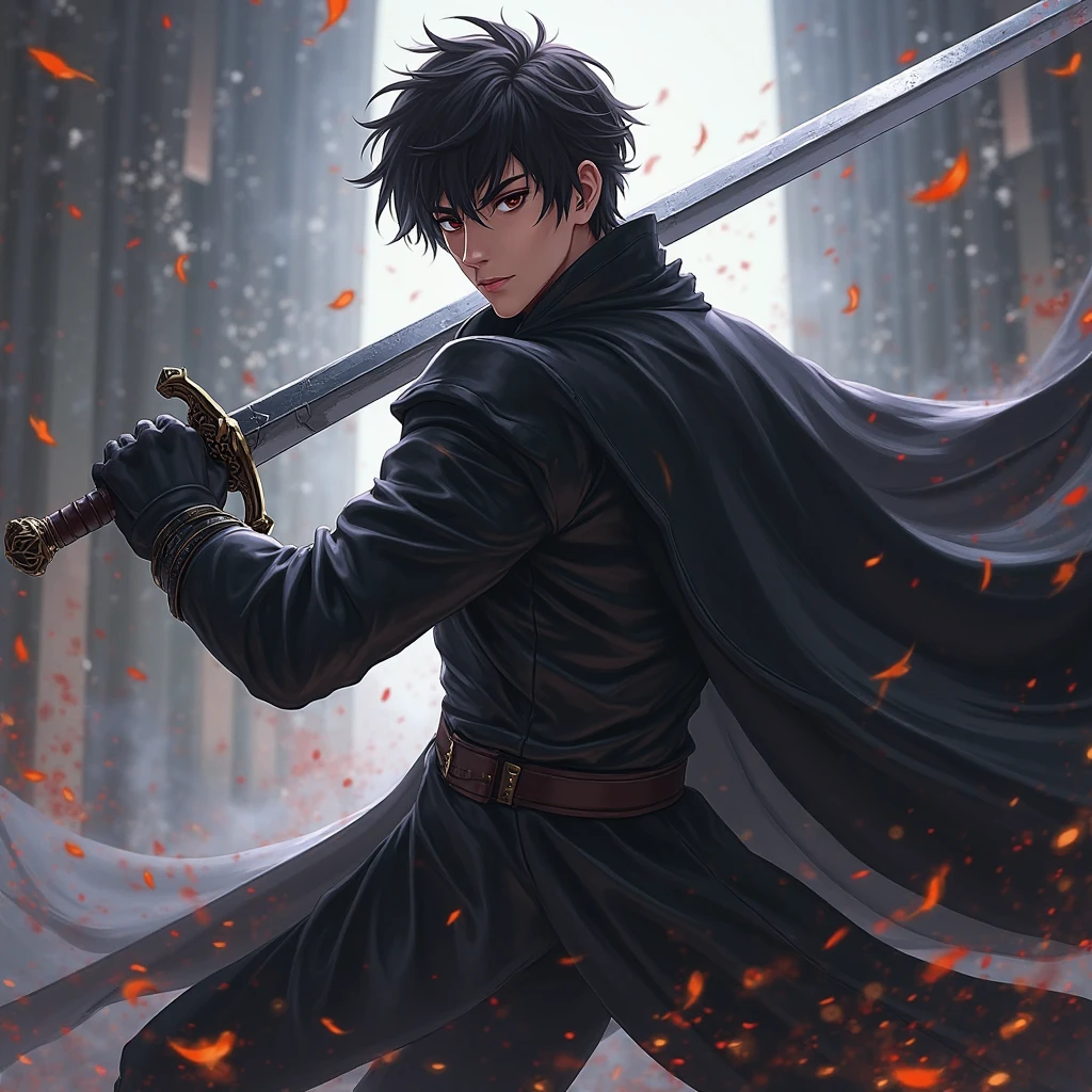 Young man with dark hair and dark eyes, animation, Longsword - SeaArt AI