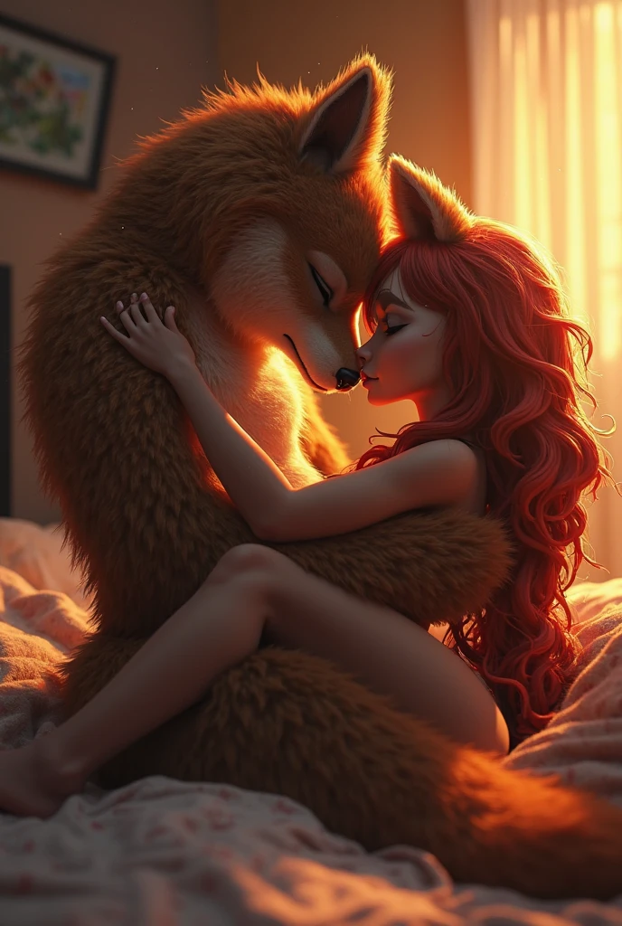 ONE MALE WOLF FEMALE DEER MATING COUPLE IN LOVE MAN WOLF WOMAN DEER HAVING SEX