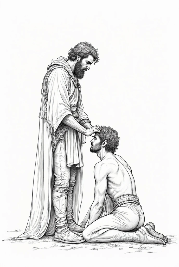 Make me a design for a tattoo where an Apache with a long headdress is kneeling before Jesus of Nazareth, a realistic stencil for a tattoo on the arm 