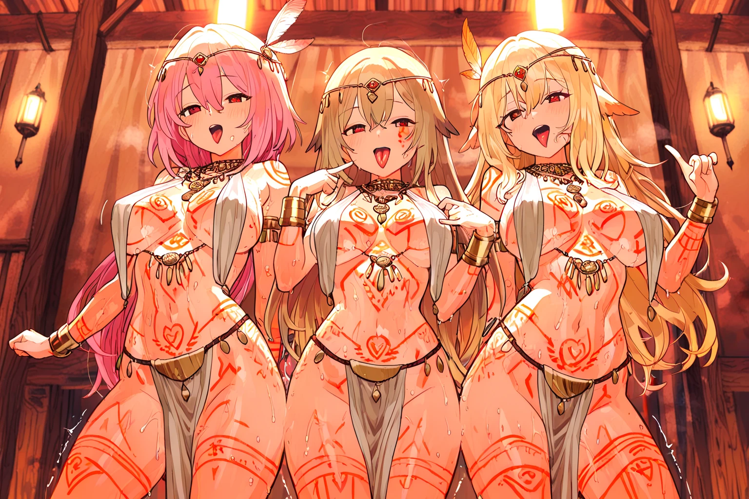 5 Goblin Girls, Harlem-style clothing, fundoshi, White clothing, green skin, black horns, White hair, Different hair lengths, cleavage, Sexy, Multiple Women, Luxurious red room behind them