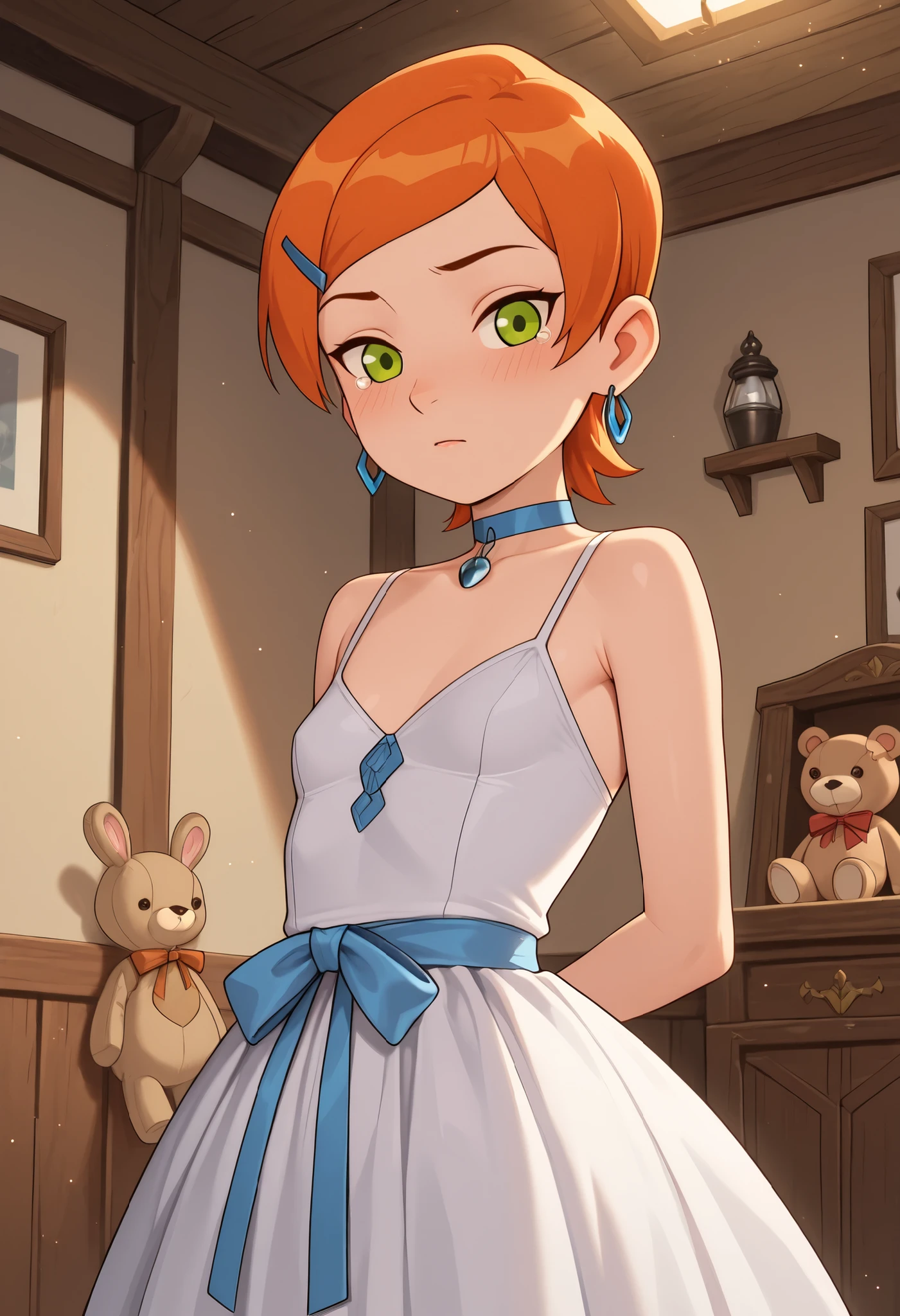 Gwen Tennyson . ginger . very short hair . green eyes . flat breasts, flat chest, huge hips . slim body . choker . | Highest Quality、anime style、masterpiece、The girl God sleeps around the coffin、stuffed animals such as rabbits and bears line up and shed tears。stuffed animals offer prayers as if they were alive。The girl of God sleeps wearing a frilly white dress and a pale blue ribbon、The coffin is decorated with flowers and ribbons、cute