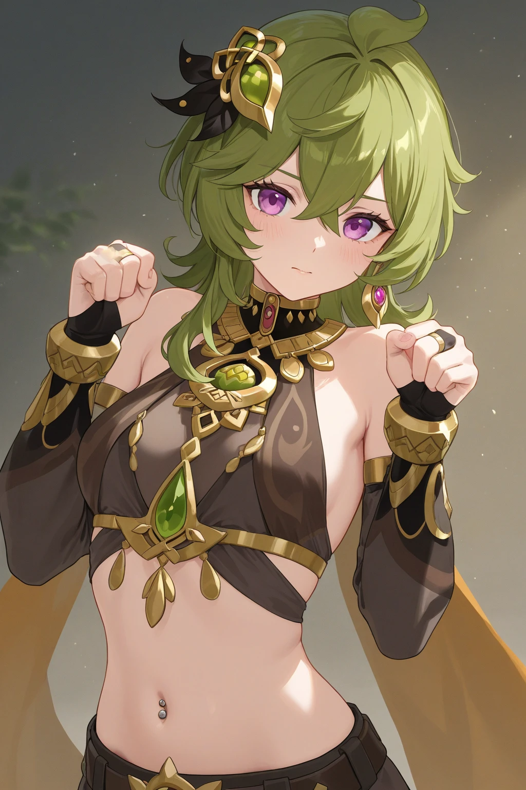 ((red colored eyes)), ((bright green hair)), ((tomboy)), ((short hair)), ((tribal clothing)), ((flower in hair)), ((mature female)), ((wild hairstyle)), ((amazoness)), ((complementary colors)), ((serious expression)), ((light skin)), 1girl, beautifully drawn, high resolution illustration, best quality, High definition, ((detailed anime sketch)), Masterpiece, (solo), absurdres, portrait, detailed background, fine detail, female focus, HDR, upper body, close-up,