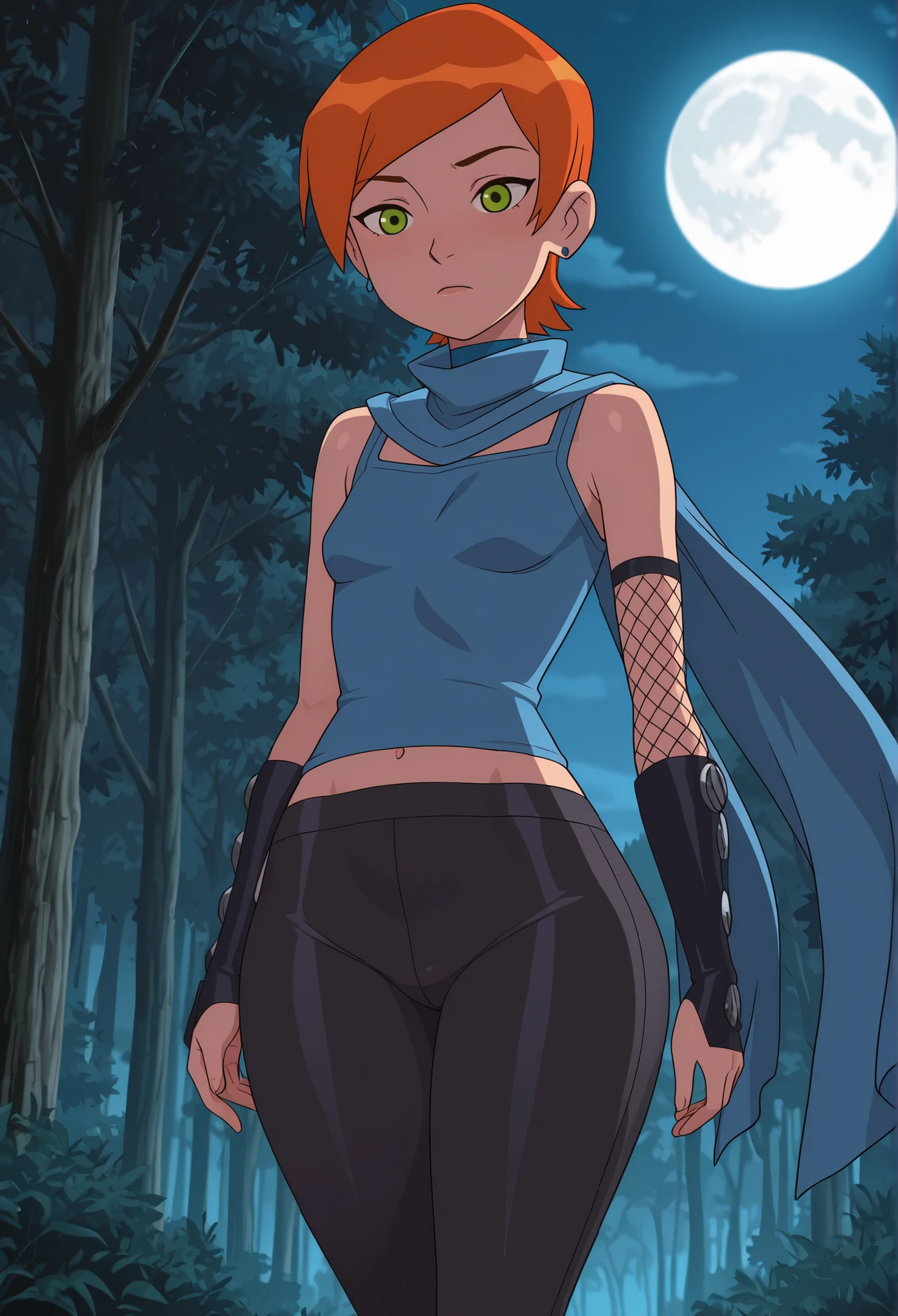 Gwen Tennyson . ginger . very short hair . green eyes . flat breasts, flat chest, huge hips . slim body . choker . | masterpiece, best quality, amazing quality, mature female, anime screencap, ninja, fishnets, scarf, moon, night, forest, trees,, cowboy shot, cowboy shot, solo