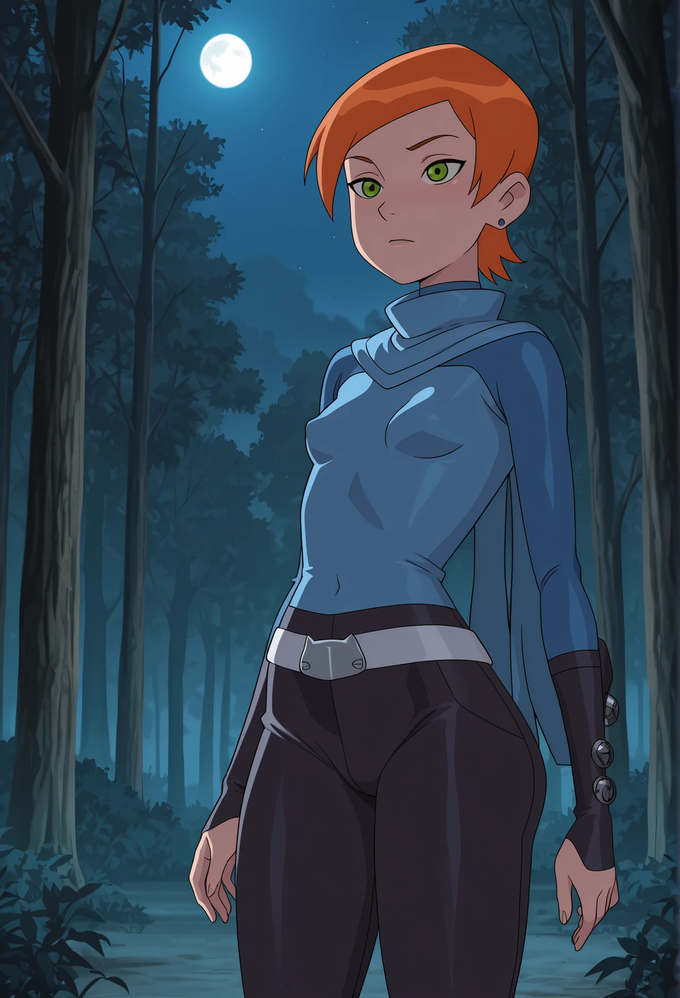 Gwen Tennyson . ginger .  very short hair . green eyes . flat breasts, flat chest, huge hips . slim body . choker . | masterpiece, best quality, amazing quality, mature female, anime screencap, ninja, fishnets, scarf, moon, night, forest, trees,, cowboy shot, cowboy shot, solo
