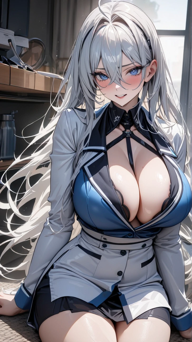 (best quality,4K,8k,high resolution,masterpiece:1.2),super detailed,(actual,realistically,realistically:1.37), Ultra high definition face, Close-up of a woman wearing a tight white swimsuit posing for a photo, White-haired ponytail, tight one piece swimsuit, wet swimsuit, necklace, big deal breasts, big deal , 最big deal乳房, 巨big deal乳房, Thin waist and thick hips, hourglass figure, Pelvis larger than shoulder blades, Pelvic width, fitness model, blush,shy nervous expression, sweat, In an abandoned building at night