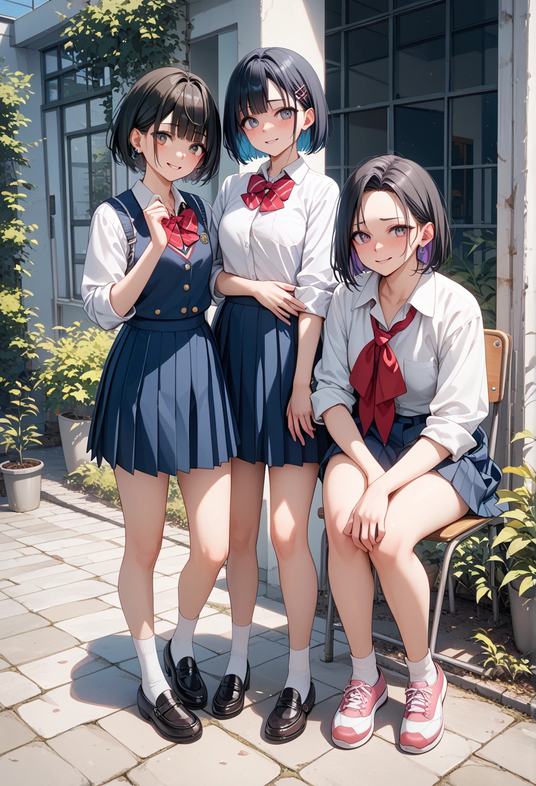masterpiece, Highest quality, High resolution, Very detailed,(((Four Girls))), (((Multiple Girls))), (((smile)))、(((Standing in the distance))), (((Carry a school bag。))), (((Private Server))), (((blue sky))), (((handrail))), (((river)))