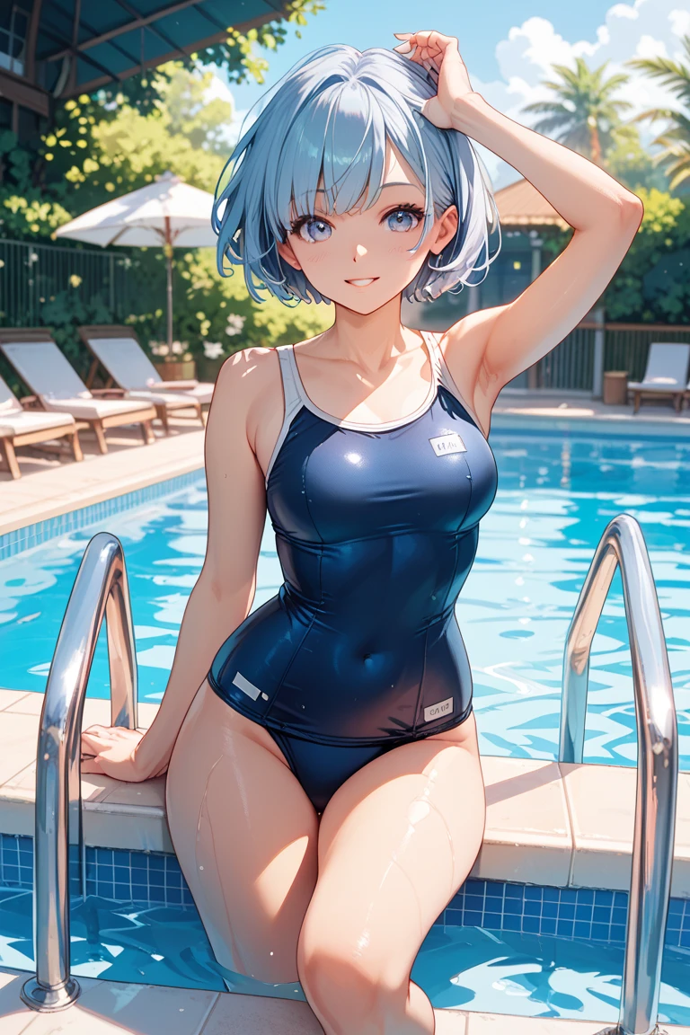 (Unity 16K Wallpaper, masutepiece, Best Quality, Ultra-detailed, extremely details CG, Caustics, Cinematic lighting, Detailed, Beautiful detailed eyes, Solo,Pool side),Ultra High Resolution, Fine skin、Sexy,curby,NSFW,(School Swimsuit:1.3), Small breasts,14 years old、Blue eyes、Blue hair,Perm Hair, Red cheeks, angry,Sitting, Spread legs wide, a pixie cut