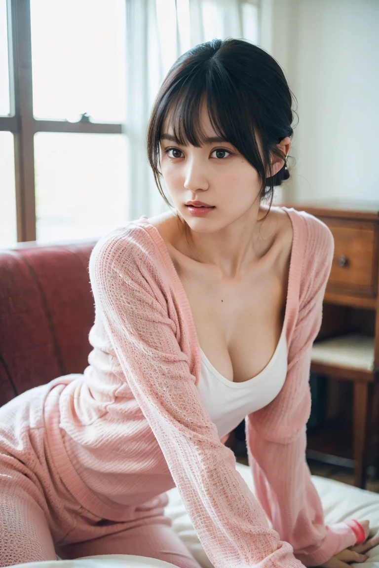 masterpiece, highest quality, 8k, 20th Generation, Large Breasts, cute, alone, sad, cute, Girlish, Delicate girl, Pure beauty, RAW Photos, Professional photography, Portraiture, Soft Light, Professional Lighting, Backlight, Head to Knee, avert your eyes, Sophisticated, Film Grain, (Eyes and facial details:1.0), Short floating hair, Beautiful, flowing hair, bangs, (Loose cardigan(pastel colour))、(Large Breasts:1.0)、You can see a little cleavage、Micro Mini Skirt、Voluptuous thighs、Dolly Makeup、Odd Eye、The colour of the left and right eyes are different