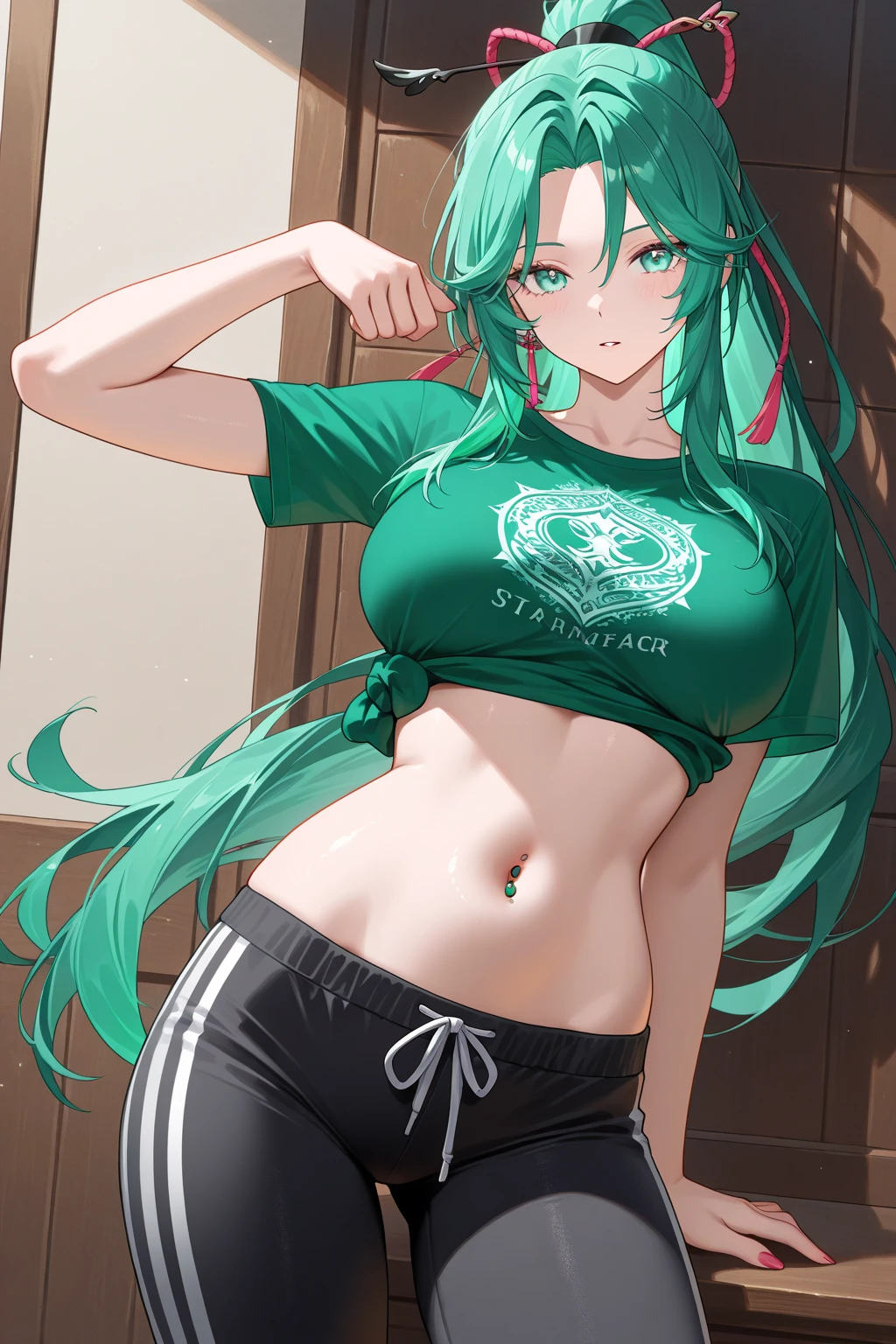 1 girl, muscle abs, muscle woman, busty, huge boobs, big ass, big long hair, green hair, pink eyes, tiny shorts red, blouse transparency, blouse white, gym background, sweaty body, symmetrical body, symmetrical face, big nipples, red snickers, long earrings, tall, armpits hair,