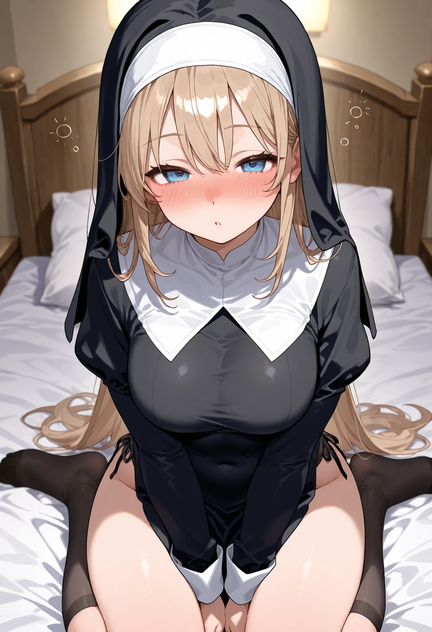 aasister, long hair, nun, habit, white capelet, neck ribbon, (black dress:1.2), long sleeves, white gloves, full-length zipper, detailed face, drunken eyes, drooling, embarrassed, open mouth, small breast, (show off breast:1.3), (show off nipples:1.3), (lying on:1.3), on the bed, pussy line, pussy line, (after sex:1.3), (skirt lift:1.3), (excessive cum:1.3), shackles
