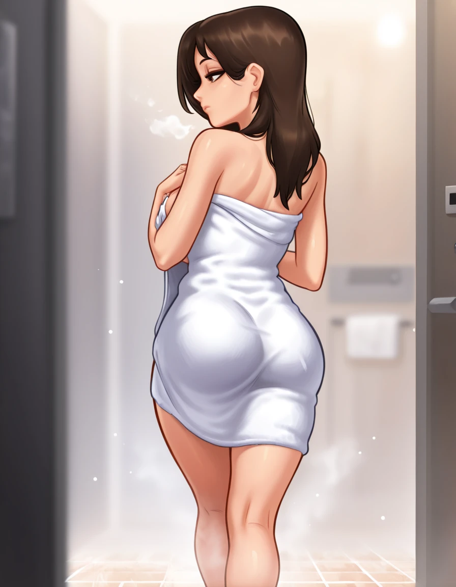 Solo girl,small waist,wearing bath towel,visible huge butt,full body backside view,full image,walk,thick thigh,