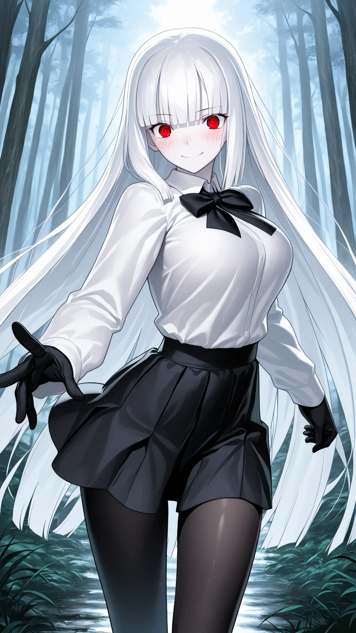 absurdres, (((Ultra HD))), (((Ultra High Quality))), ((hyper detailed)), ((Ultra High Resolution)), (Highly rendered), ((detailed eyes)), (((8K))), ((perfect face)), ((masterpiece)), cinematic, solo, 1girl, tall, thin, pale skin, blush, thin thighs, very long hair, white hair, straight hair, blunt bangs, smile, red eyes, large breasts, white blouse, bowtie, long sleeves, black gloves, black skirt, black pantyhose, standing, forest background