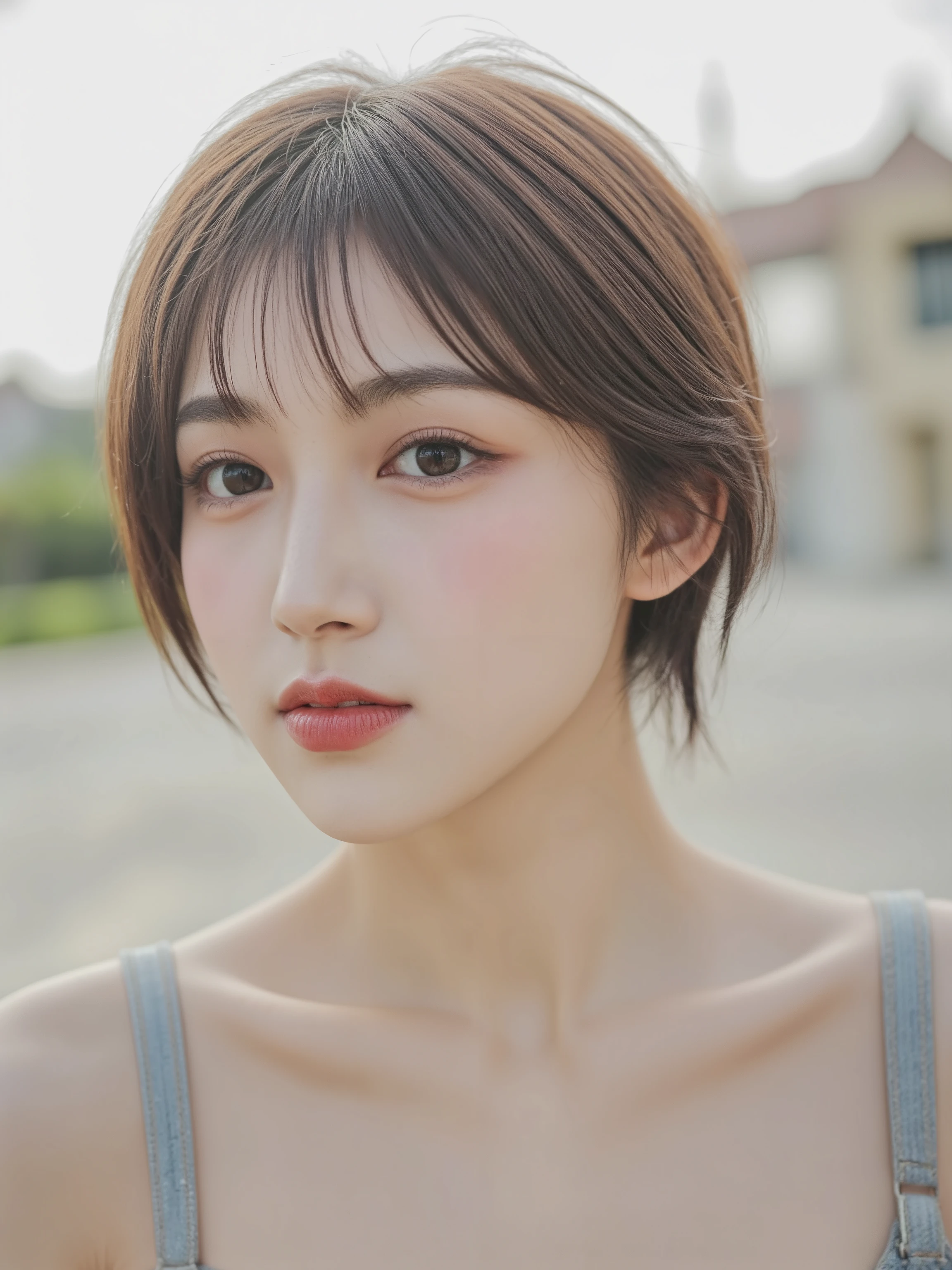 Short layered pixie cut, beautiful woman with wavy hair , in casual clothes sitting with cheek canes, bright smiles, portrait photo, 4K, high resolution, Photographic Reality, Delicate Details, natural lighting, soft focus, A refined portrait, subtle color, warm atmosphere