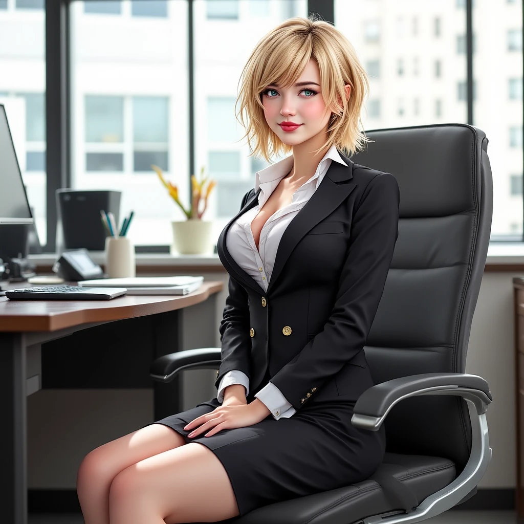 (masterpiece, best quality:1.2), 1girl, solo, sitting, office chair, desk, computer, coffee mug, short hair, large lips, bangs, blonde hair, brown eyes, large breasts, blue shirt, labcoat, pencil skirt, earrings, mole under eye, makeup, lipstick, red lips, legs crossed, leaning over, holding cigarette ,