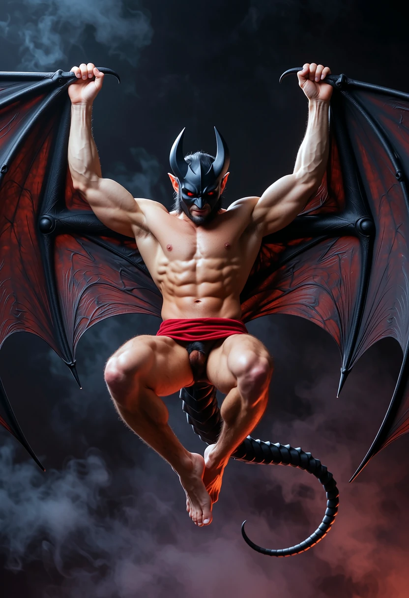 Photo-realistic, ((best quality)), ((masterpiece)), (detailed), short wavy hair, perfect face, the devil, masculine portrait of the devil, personification of The Devil, (evil look), super pale skin, (massive huge majestic black demon wings:1.3), black wings, demon wings, devil wings, 2 wings, 18-year-old, super male model, handsome, tall, cute looking, evil look, dark look powerful, young male model, handsome mythical creature, super strong, muscular, fit, massive muscles, six pack, clean shave, blue eyes, white skin, pale skin, super pale skin, white pale skin, albino skin, wavy messy brown hair, short messy hair, messy wavy hair, (shirtless:1.5), bare-chested, muscle, ripped, strong body, fit body, pantless, fully naked, nude, naked, nsfw, 1 perfect penis, 1 amazing penis, 1 nice penis, 1 beautiful penis, 1 amazing penis, 1 good penis, 1 male penis, perfect gland, nice gland, amazing gland, perfect scrotum, amazing scrotum, nice scrotum, great scrotum, male scrotum, male genitalia, male structure,, Dark background 8k, high detailed, ultra-detailed, Stylish Pose, mist, fog, mysterious, (Dark background:1.6), (dark cinematic:1.5), (backlight) (ruins Gothic cathedral:1.2), ruins, , low flooded