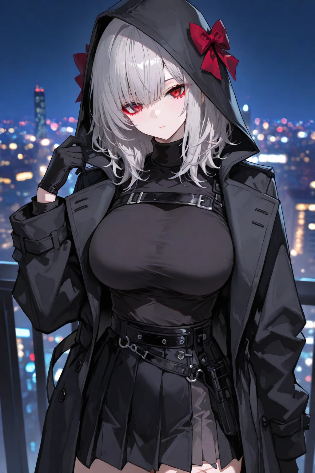 Gun on shoulder、(masterpiece, best quality:1.2), 1girl, 独奏,Black military uniform、Looking through the scope、Gray cat ears、Point your gun at us、Grey long hair、Ahoge、Yellow Eyes、Grey trench coat、Gray cat ears、The hoodie I took off was my carry-on baggage.、Ready your gun?、sniper rifle、Background of military bases、Fisheye Lens、battlefield、Shadows of light and darkness、Expressionless、Grim face、battle、Gray trench coat、Black knee socks、Cleavage、Black collar、Holding a black hoodie、Take off your black zip-up hoodie