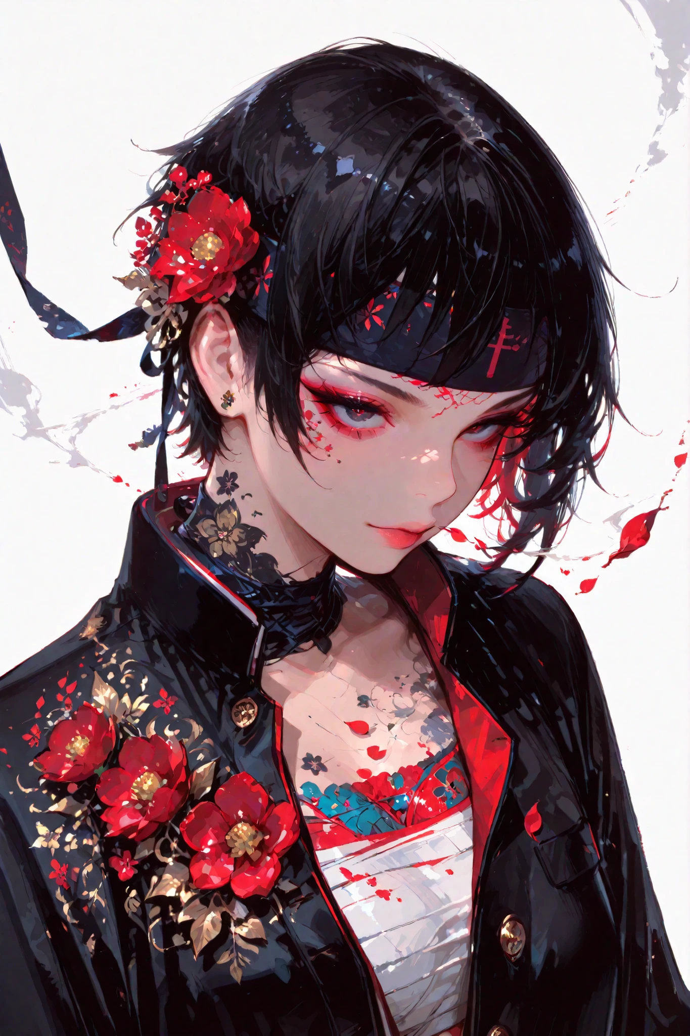 upper body shot of a Japanese high school girl,
short black hair (very short hair),
wearing an open gakuran jacket with buttons undone,
the gakuran decorated with vivid embroidery and colorful ornate patterns,
sarashi wrapped around her chest,
headband (hachimaki) tied around her forehead,
wearing floral accessories, elegant flower decoration accentuating her cool look,
tilting her head slightly, cool expression, looking directly at viewer,
strong presence, stylish vivid details,
white background, a large amount of red flower petals swirling and scattering violently in the air,
dynamic atmosphere, clean lineart, vivid shading, highly detailed, high quality, masterpiece