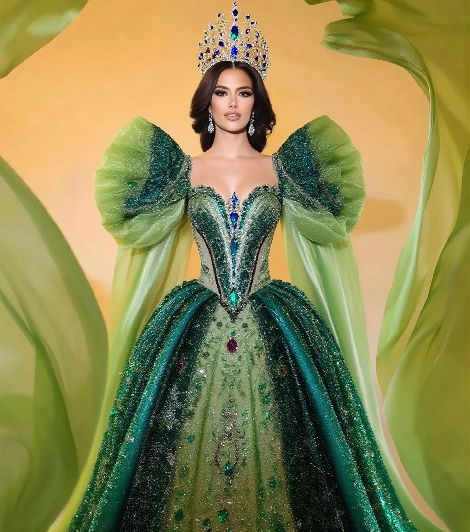 Create a realistic photo of the best eye-catching drag queen wearing a high fashion green dress with large sleeves. The outfit should be unique, with a suit full of shiny details, large green sleeves, and a youthful appearance. Her hair should be blonde and her outfit full of life. The background should be full of details, a high-quality studio photograph with perfect makeup that looks as realistic as possible.