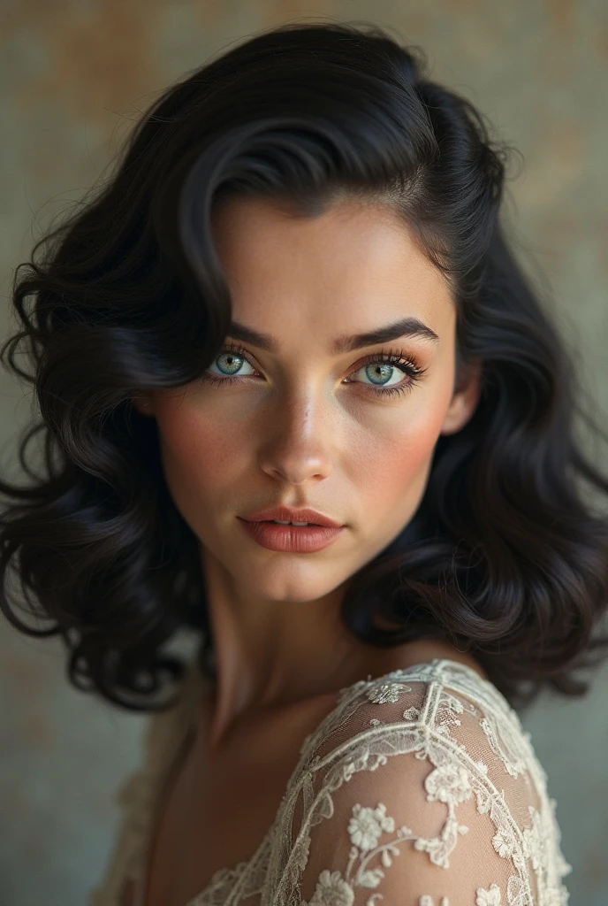 8k, (European gilr 24yo:1.2),portrait,blue eyes, (amazing body:1.2),bare shoulders, sensual mouth, sexy look, black hair ,long haircut, (full lips:1.3), (red lipstick:0.9), (glass skin:0.4), (neutral colors:1.2), complex background,(, hyperrealism, soft light, sharp:1.2), ( masterpiece:1.2), ultra-detailed, natural skin texture, (high detailed skin:1.4), uhd, dslr, soft lighting, high quality, film grain, Fujifilm XT3, beautiful lighting, perfect face, (muted colors:1.2), (head tilt:1.2), (by Thomas Kinkade:1.1)