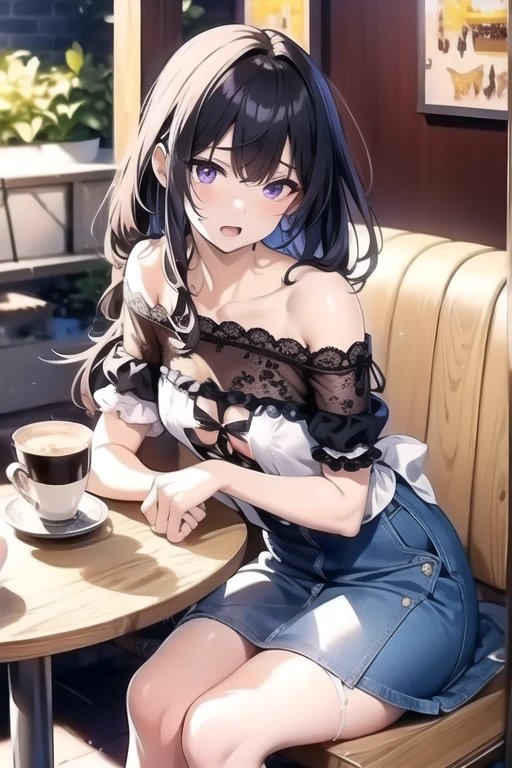 ultra realistic 8k cg, masterpiece, ((ultra detailed background, delicate pattern, intricate detail)), (highly detailed, fine details), best quality, 1girl, (photorealistic:1.4), beautiful lighting, RAW photo, film grain, ((medium breasts, slim girl)), Baccarat, Nero, 1girl, short hair, solo, horns, black hair, red eyes, collarbone, closed mouth, bare shoulders, (demon horns), hair between eyes, cleavage, indoor, ((cafe)), maid cafe, cowboy shot, small breasts, slim girl), small horn, maid, (maid dress), meidofuku, cafe, smile, happy face, approne, skirt, pleated skirt, glove, stocking, shoes, indoor, table drink, food,