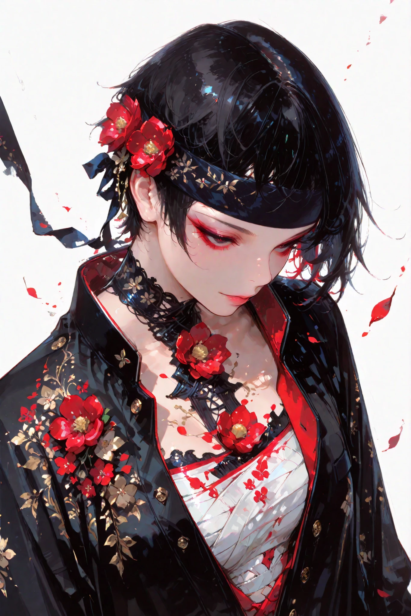 upper body shot of a Japanese high school girl,
short black hair (very short hair),
wearing an open gakuran jacket with buttons undone,
the gakuran decorated with vivid embroidery and colorful ornate patterns,
sarashi wrapped around her chest,
headband (hachimaki) tied around her forehead,
wearing floral accessories, elegant flower decoration accentuating her cool look,
tilting her head slightly, cool expression, looking directly at viewer,
strong presence, stylish vivid details,
white background, a large amount of red flower petals swirling and scattering violently in the air,
dynamic atmosphere, clean lineart, vivid shading, (beautiful delicate details, masterpiece, best quality, highly detailed, intricate details, high resolution)