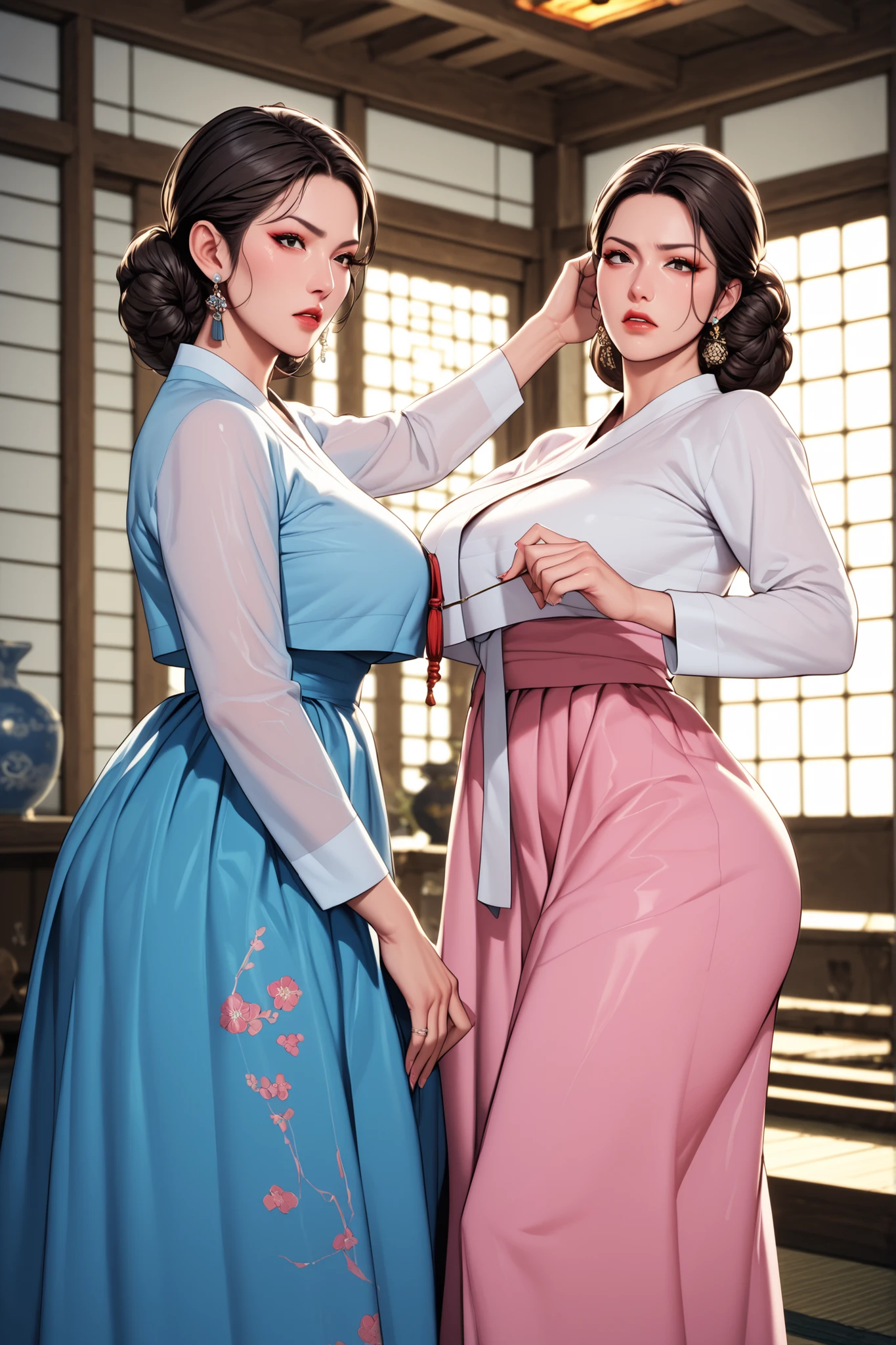 Two sexy, big-breasted ancient Korean girls. mature face. Each has black hair, brown hair. Two women with elegant hair. black eyes. Two women, each with a light blue hanbok, pink hanbok. , are facing each other and slapping their hands in the face. Korean Palace Queen's Room Background. angry expression while writing
