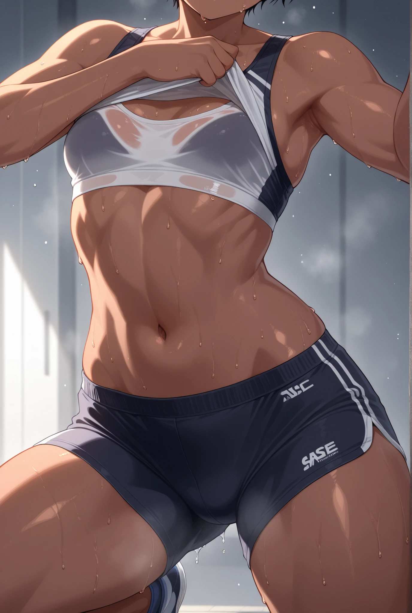 ((8K resolution))、((highest quality))、((masterpiece))、((Very detailed))、 (Anatomically correct)、((theme、whole body:1.1)), one person、girl、blush、Embarrassed laugh、(Slim but muscular body,Toned arms, length, Thin legs,),((hair:Short Bob、grey)),(Grey sports bra、gray sports shorts)、(bed、Spread your legs)