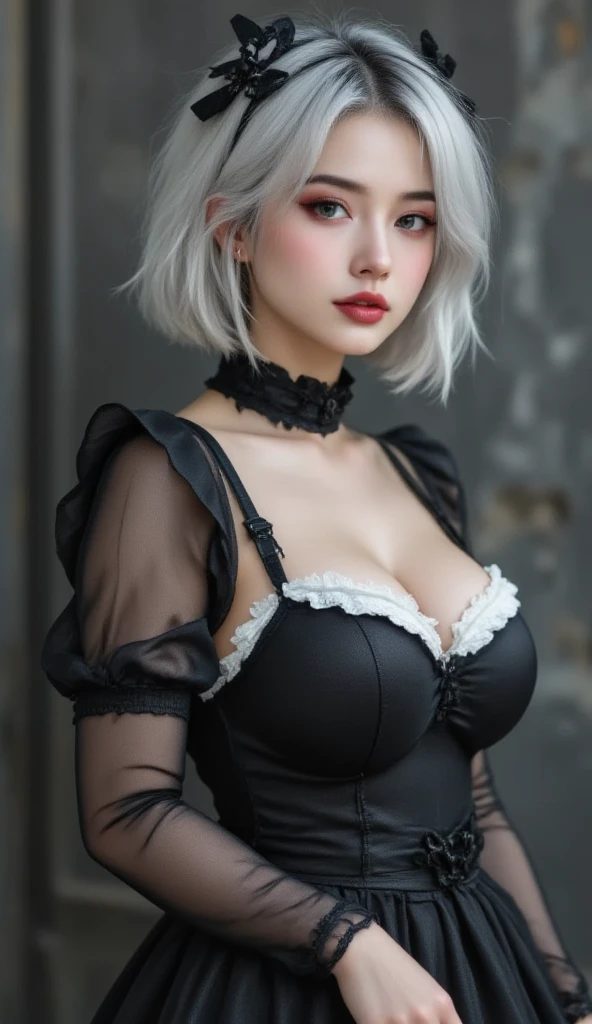 yorha no. 2 type b, 1girl, wlop, (blindfold), breasts, cleavage, cleavage cutout, clothing cutout, green background, hair between eyes, hairband, highres, juliet sleeves, long sleeves, nier (series), nier automata, puffy sleeves, red lips, shaded face, short hair, solo, turtleneck, upper body, white hair, sky, (nsfw:1.5), tits was showed, sexy pose, sexy body, pretty tits, pink, tits, sexy navel