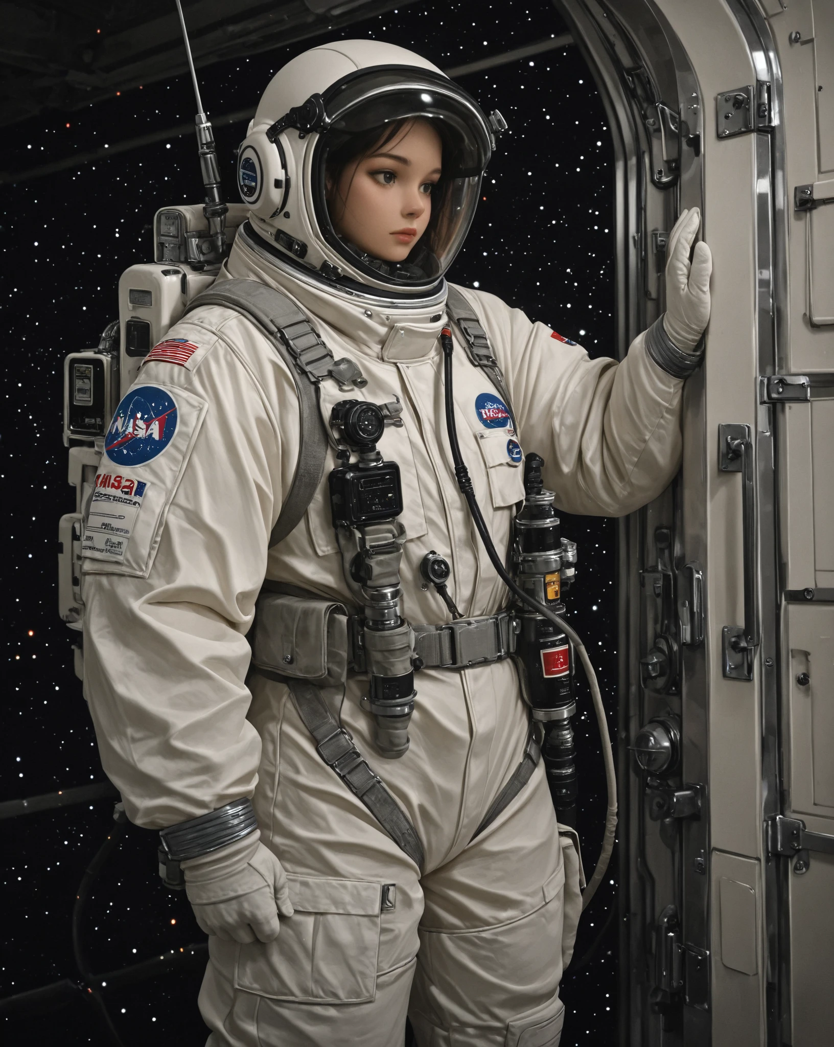 "A woman in a full astronaut suit in a space station module, her pose weightless and awe-inspired. Her makeup is non-existent, and her hair is compacted under the space helmet."