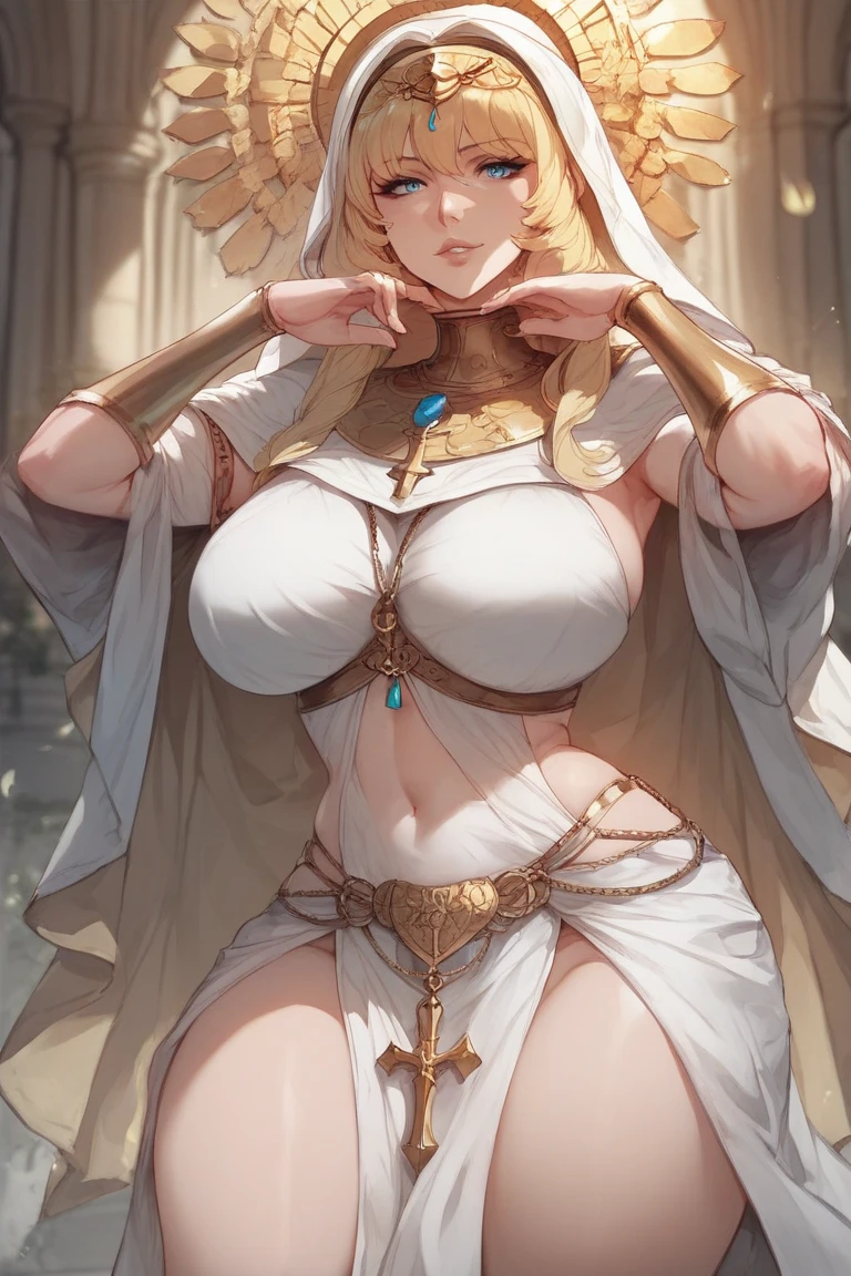 1female,35yo,plumw,extremely large bosom, 独奏,(Background with:,A desert,sand dune,) She has long blonde hair,bobo head,Standing in the desert,,seen from the front, hair straight, mostly cloudy sky,(((tmasterpiece),(Very detailed CG unity 8K wallpaper),best qualtiy,cinmatic lighting,detailed back ground,beatiful detailed eyes,Bright pupils,Blue eyes,Snow-whiteskin,Redlip(Very fine and beautiful),(Beautiful and detailed eye description),ultra - detailed,tmasterpiece,))facing at camera,A high resolution,ultra - detailed),revealing breasts,Bare genitalia, Bulge,legs are open,Raised sexy,Camel toes,Flushed complexion,Desire for dissatisfaction,frontage,Arabic style(Wearing:veils,hijabi sluty,wedding gown,Gold wire embroidery)