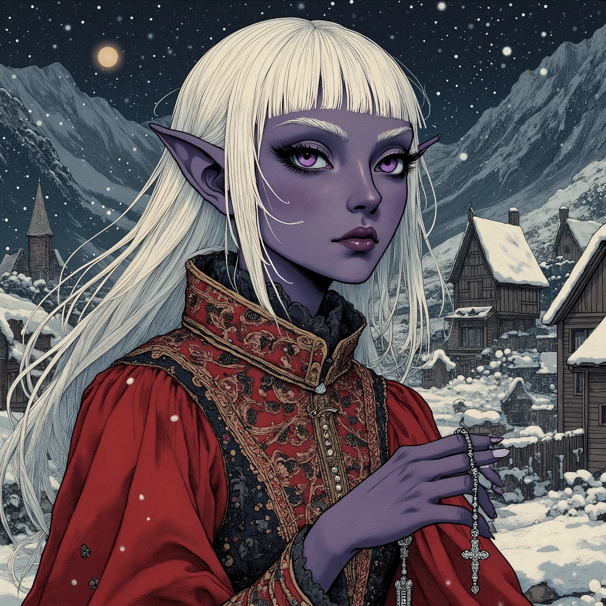(A fusion of Ukiyo-e and dark fantasy. Aesthetic and gothic digital art. Draw a detailed face. Look away.) BREAK (Transparent white hair. Blunt bangs. White eyebrows. Long white eyelashes. Almond-shaped eyes. Lavender-colored eyes. Thick, dark eyeliner. Small pink lips. Slightly pointed ears. Dark purple skin. Thin limbs. Thin fingers. White nails. Draw one thumb and four fingers accurately.) BREAK (It is the middle of a very cold winter night in a mountain village in medieval Romania, where snow is falling and the air is so cold that it freezes your breath. In the courtyard of the village church, a female dark elf vampire hunter is dancing with large movements and bold poses. In one hand she holds a small bottle of holy water, and in the other she holds a silver rosary. She is wearing a richly colored dress in the style of a 15th-century Italian court, with woven sandals and a red cloak.)