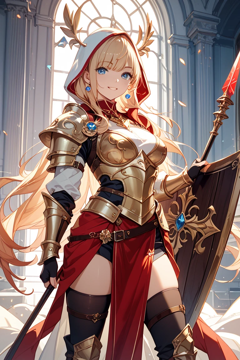 Masterpiece, best quality, White headphone, blonde, Korean woman, tall, slender, Female Knight, red gauntlet, red boots, Sword, beautiful face, beautiful hand, anime pastel, cleavage, Castle