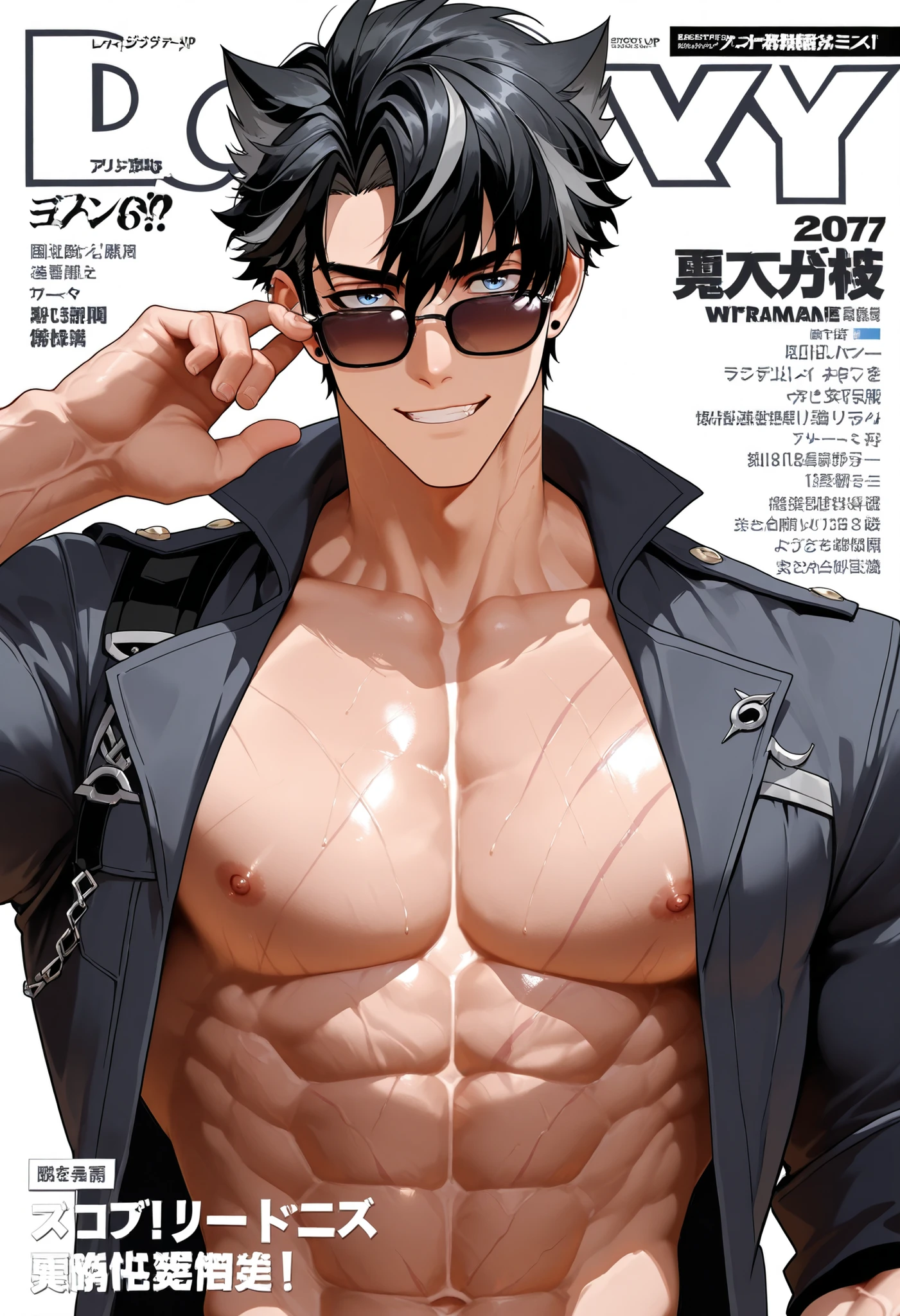 (human) a men Wriothesley, magazine cover, posing for the magazine , sexy smile , wearing an open jacket , wearing sunglasses , visible muscles veins , natural light , short haircut, black hair, blue Eyes, Light skin. Trending on bbwchan, inspired by Abdullah Gërguri, perfect muscle structure, muscular men, very attractive men, alone, muscular musculature, , beautiful musculature, aesthetic stretch marks, inspiring physique, lean musculature, square pecs, beautiful v-shape, great abs and torso, (male face) chiseled abs, chiseled pecs, with his black military haircut and voluminous neck, narrow waist, human, attractive face, masculine face. Looking at the viewer, a men who presence inspires confidence and respect.