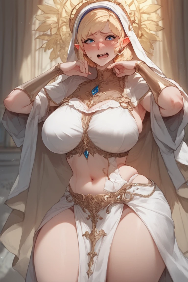 (Open your arms:1.3)、goddess、Blonde Long Hair、(Huge breasts)、(Underboob、Sideboob、Huge areola、Huge puffy nipples)、Completely naked、(gold string bikini)、(Camel toe、pussy)、(((glamorous、curve、Plump、Wide Hips、Thick thighs)))、(White see-through veil)、((NSFW:1.5)、(Revealing outfit))、Huge tattoo on crotch、(moon、sun、star、universe)