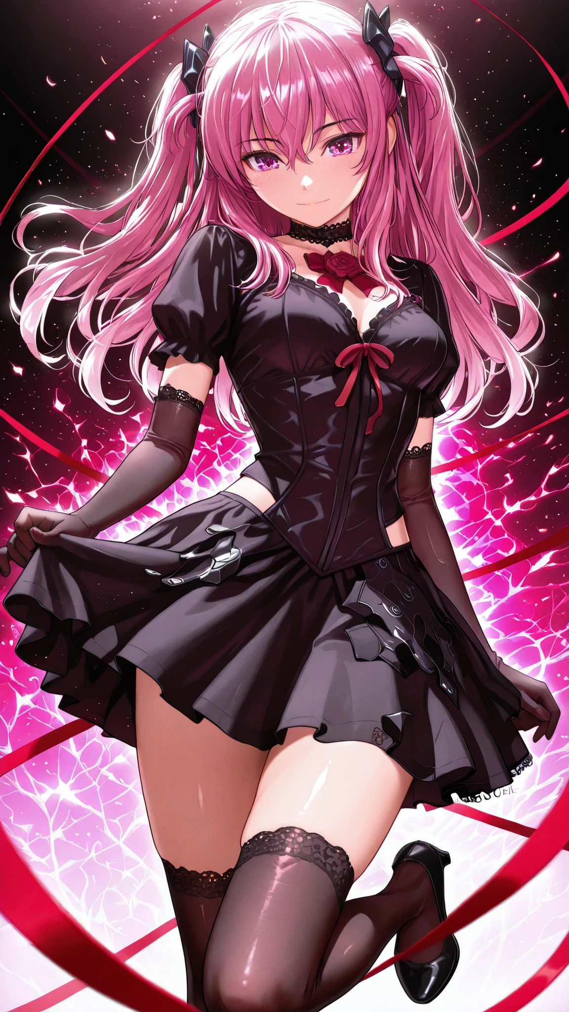 solo, grace_sveg, pink hair, Tight waist、Small waist、shiny Skin , (upper body), light smile, gothic theme, shoulderless black velvet blouse with layered puff sleeves, deep red ribbon brooch, shiny black satin waist-cinching corset, bell-shaped double-layer skirt (outer black georgette, inner dark red satin), bustle drape, big ribbon bow back, lace choker with cameo, elbow-length lace gloves, black gartered thigh-highs with subtle red vine pattern, black enamel mary jane heels with red rose, looking at viewer,anime high detail. beautiful shading, anime-style illustration, 8k resolution, ultra HD, dynamic lighting, vibrant colors, beautiful shading, anime-style illustration, 8k resolution, ultra HD, art by Homunculus,looking at viewer,
