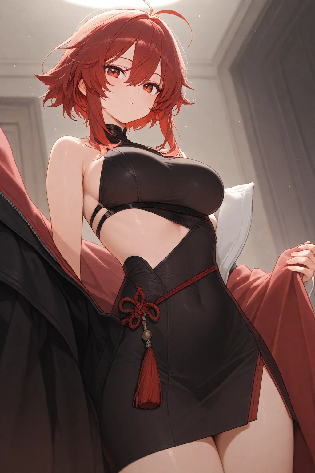 (masterpiece, best quality:1.2), intricate details, blood moon evelynn, 1girl, oni horns, japanese clothes, choker, cleavage, hair ornament, mask