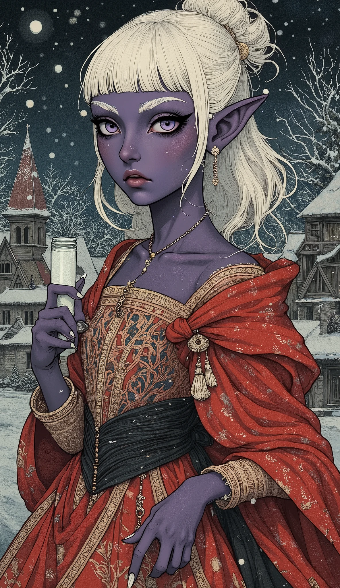 (A fusion of Ukiyo-e and dark fantasy. Aesthetic and gothic digital art. Draw a detailed face. Look away.) BREAK (Transparent white hair. Blunt bangs. White eyebrows. Long white eyelashes. Almond-shaped eyes. Lavender-colored eyes. Thick, dark eyeliner. Small pink lips. Slightly pointed ears. Dark purple skin. Thin limbs. Thin fingers. White nails. Draw one thumb and four fingers accurately.) BREAK (It is the middle of a very cold winter night in a mountain village in medieval Romania, where snow is falling and the air is so cold that it freezes your breath. In the courtyard of the village church, a female dark elf vampire hunter is dancing with large movements and bold poses. In one hand she holds a small bottle of holy water, and in the other she holds a silver rosary. She is wearing a richly colored dress in the style of a 15th-century Italian court, with woven sandals and a red cloak.)