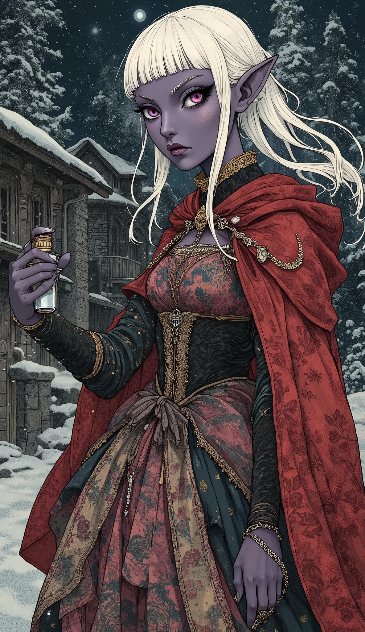 (A fusion of Ukiyo-e and dark fantasy. Aesthetic and gothic digital art. Draw a detailed face. Look away.) BREAK (Transparent white hair. Blunt bangs. White eyebrows. Long white eyelashes. Almond-shaped eyes. Lavender-colored eyes. Thick, dark eyeliner. Small pink lips. Slightly pointed ears. Dark purple skin. Thin limbs. Thin fingers. White nails. Draw one thumb and four fingers accurately.) BREAK (It is the middle of a very cold winter night in a mountain village in medieval Romania, where snow is falling and the air is so cold that it freezes your breath. In the courtyard of the village church, a female dark elf vampire hunter is dancing with large movements and bold poses. In one hand she holds a small bottle of holy water, and in the other she holds a silver rosary. She is wearing a richly colored dress in the style of a 15th-century Italian court, with woven sandals and a red cloak.)