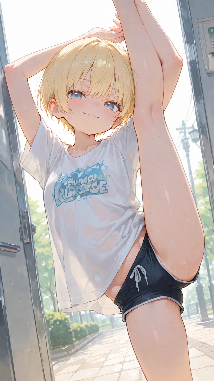 nsfw,(Petite),(boy),penis,blonde low twintails,lips,T-Shirts,Front pose,Sweat,White Breath,Viewers from the front,Standing posture,Roll up your shirt