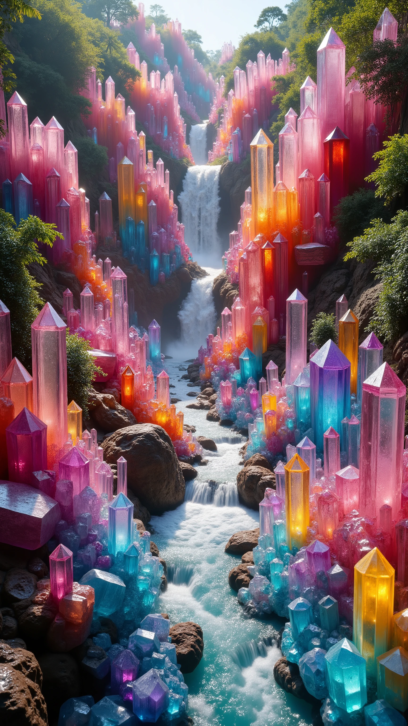 A cliff that is 300 feet tall made up of hundreds of gigantic translucent quartz crystal points that are different colored pillars in a tropical rainforest. In the middle of these partially see-through crystals is an incredible gushing, cascading waterfall that pours into a stream that is lined with smaller quartz crystals 20 to 40 feet tall. In hues of Pink, Red, Orange, Yellow, Blue, and purple, there are hundreds of crystals and radiate color in the bright full sunlight of the day.
intricate rainbow environment, colorful crystals, colourful 3D crystals, colourful 3D crystals and gems, multiple layers of crystals pillars, colourful 3d crystals and gems, crystal forest, colorful crystal filled ravine, extraordinary crystal and waterfall landscape, no spaces in between crystals, fantasy tropical crystal island, crystal color, neon colors and atmosphere, ultra-realistic, photo-realistic, ultra-detailed, physically-based rendering, extreme attention to detail, full focus, highest quality images, cinematic photography, cinematography, icon style, iconic character, iconic, Parted Lips, Makeup, Wide-Eyed, Kubrick Stare, Best Quality, Action Painting, Masterpiece, white long dress, masterpiece